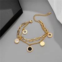 trendy titanium steel layered gold color pendant bracelet for women retro punk gothic roman numerals cross bracelet jewelry