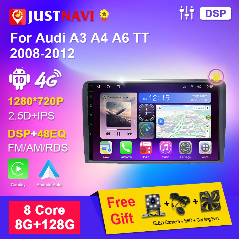 

JUSTNAVI For Audi A3 A4 A6 TT 2008-2012 Car Radio Multimedia Android 10.0 Auto Navigation GPS Stereo Touch Screen No 2 Din DVD