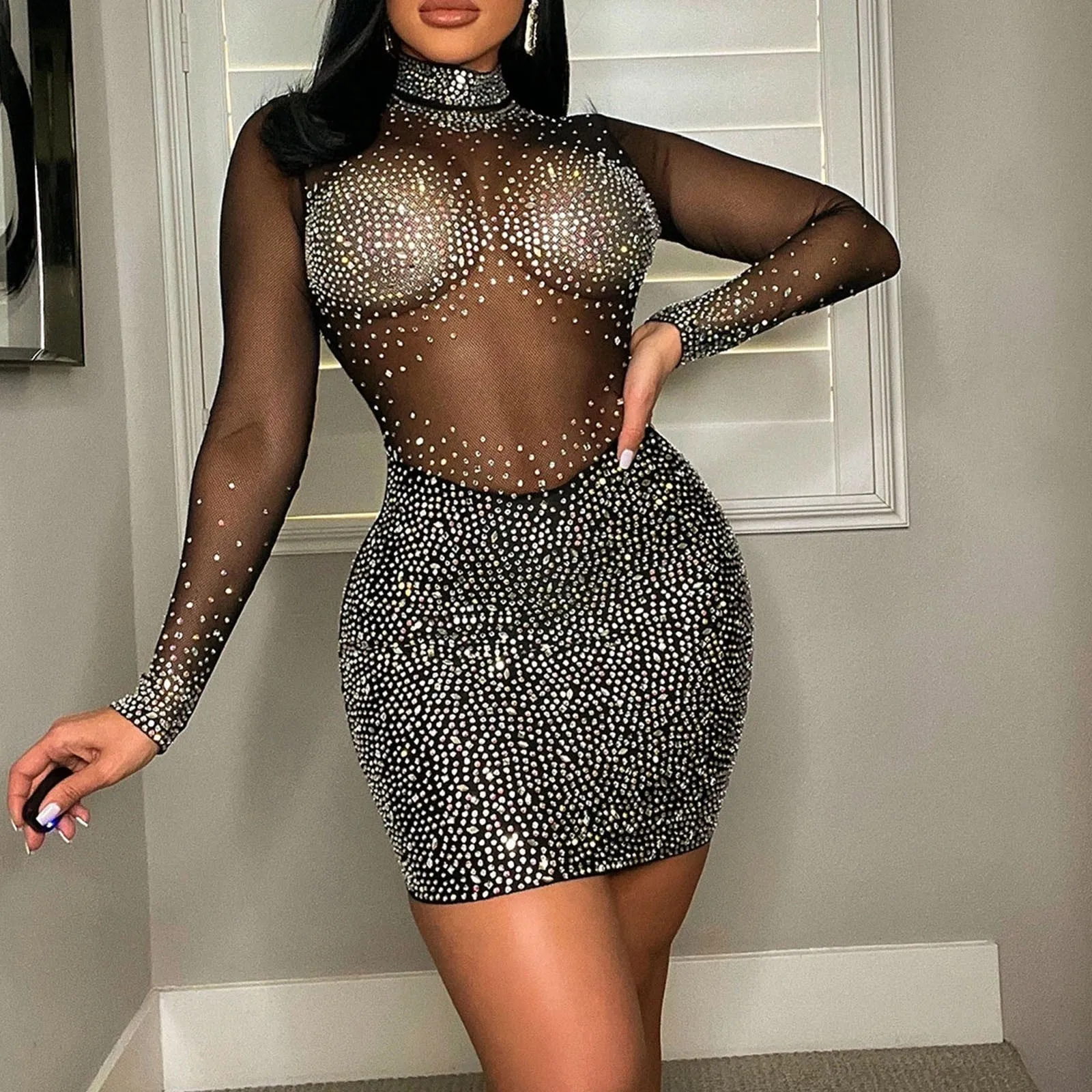 

Women Fashion Tight Sexy Long Sleeve Half High Collar Long Sleeve Hot Drill Dress Gown for Party Wear Vestidos Mujer Robes