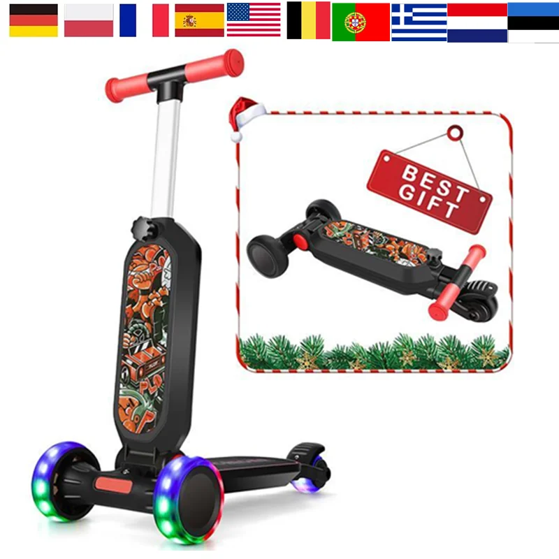 

Kids Adjustable Height Kick Scooter 2 in 1 Foldable PU Flashing Wheels Extra-Wide Deck Lean-to-Steer