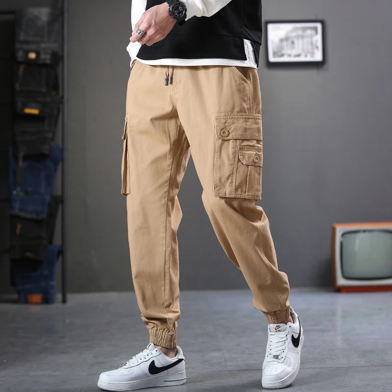 

2022 Spring Mens Pants Cargo Cotton Clothing Male Trousers Streetwear School Fashions Pocket Casual Ankle Length Khaki Z354