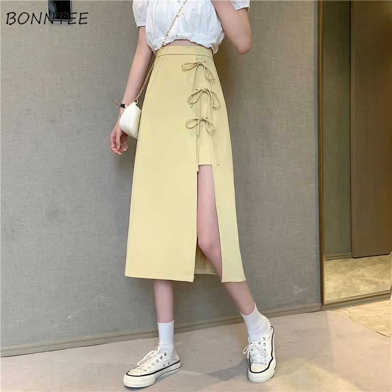 

Skirts Women Bandage Design Chic Summer Dating Tender Mid-calf Pure with Lining Ins Minimalist Basic All-match Leisure Side-slit