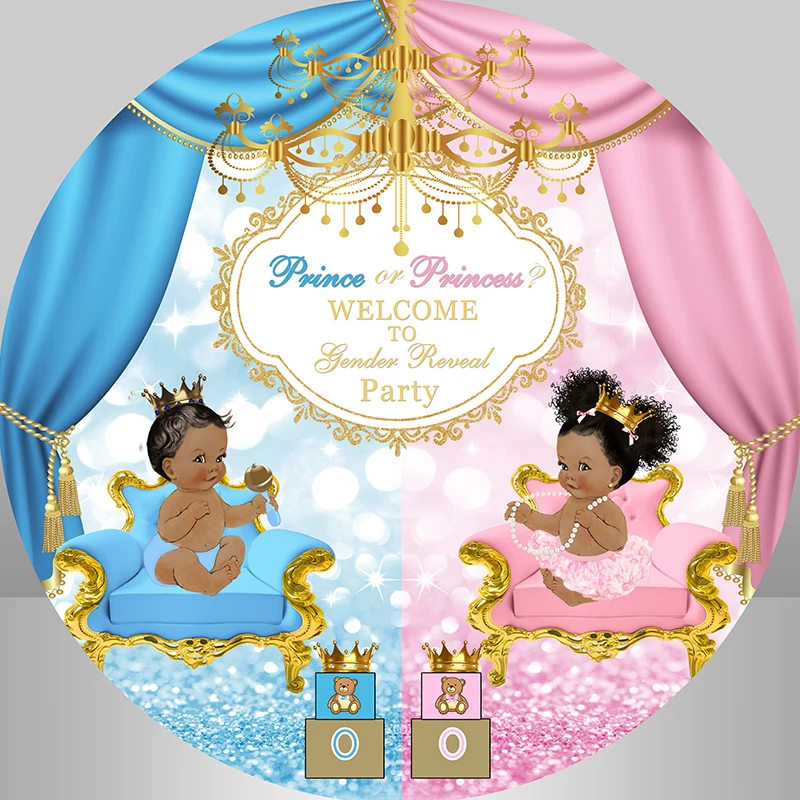 

Royal Prince Princess Gender Reveal Party Round Backdrop Cover Blue Pink Curtain Boken Gold Frame Photography Background