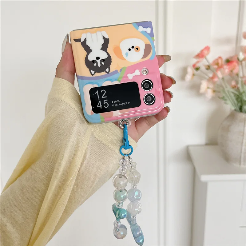 Lovely Style Striped Cat Dog Sticker Phone Case for Samsung Galaxy Z Flip 4 3 Hard Cover for ZFlip3 Zflip4 Solid Shell Bracket