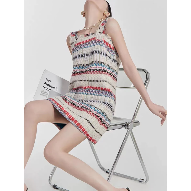 Элегантное повседневное платье из твида на тонких бретелях для женщин летнее сексуальное без рукавов с открытой спиной полоска с карманами вечернее платье.