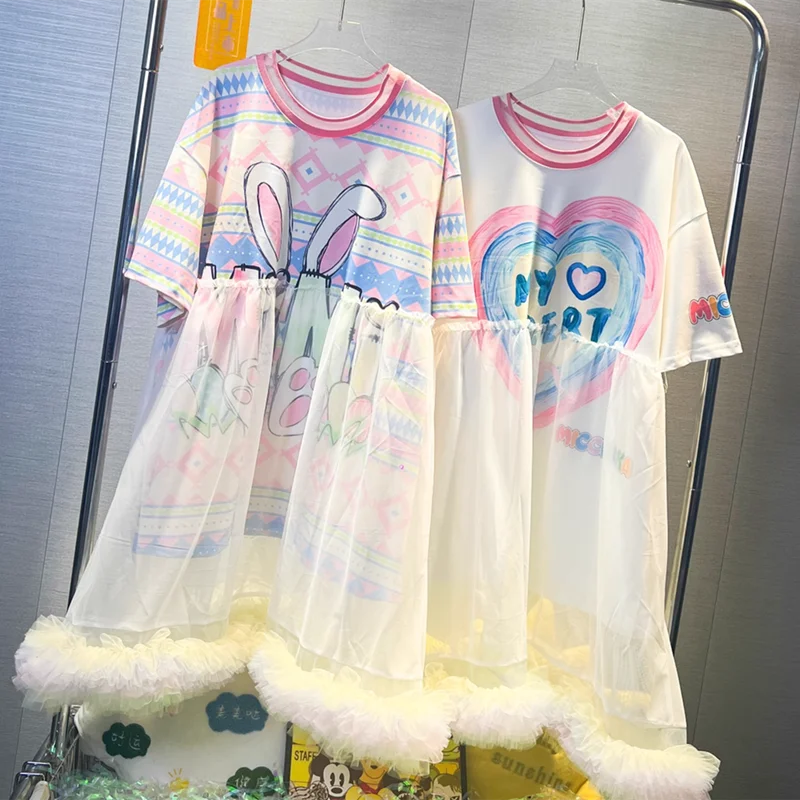 

Сетчатое летнее платье с соединением, женское мультяшное платье-футболка, повседневные свободные тонкие платья-пуловеры, летнее платье