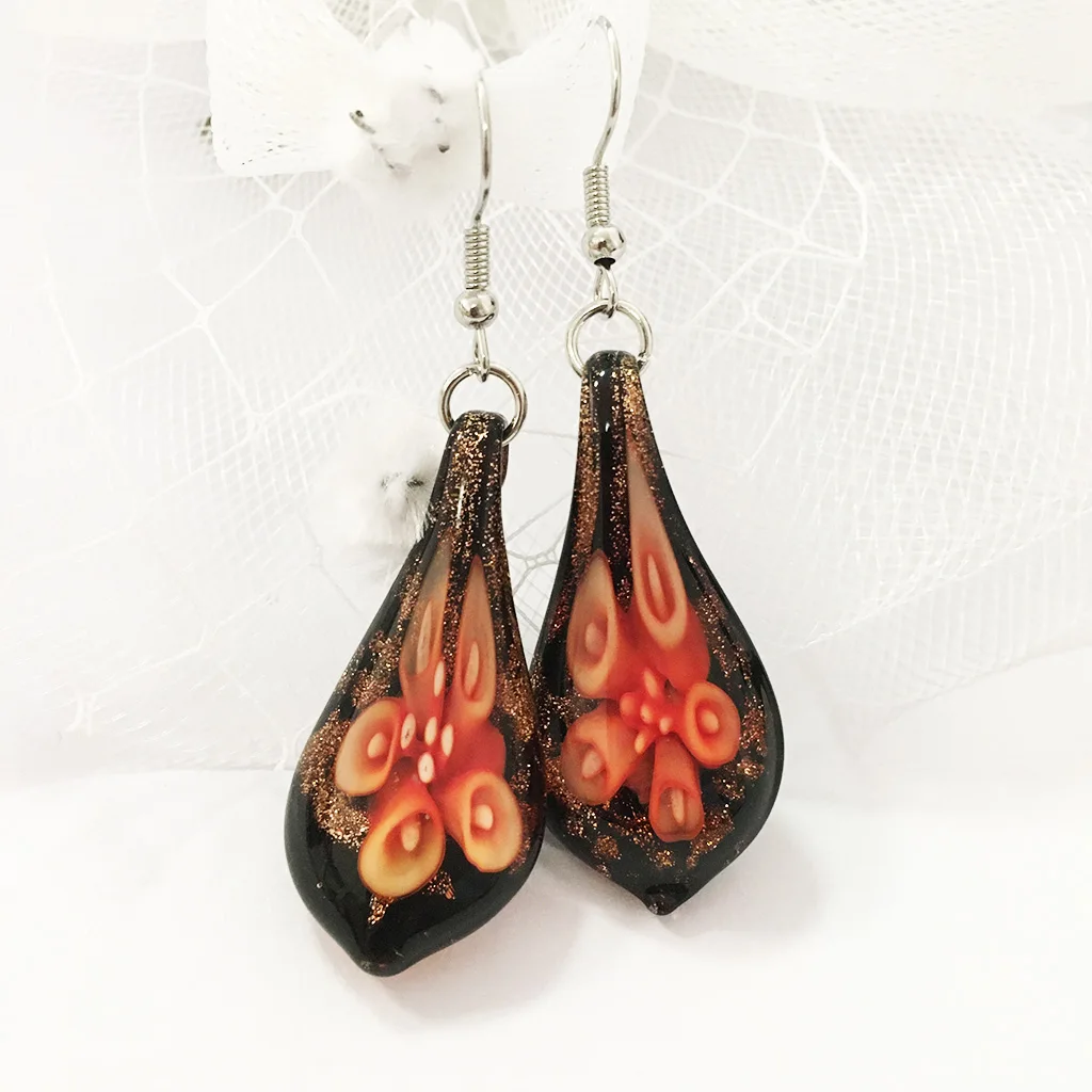 

1PCS Handmade Murano Glass Orange Flower Gold Water Drop Lampwork Pendant Earrings For Women Ethnic Chinese Style Charm Jewelry