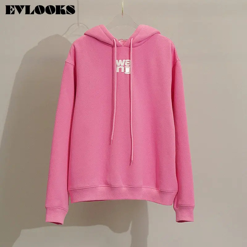 

EVLOOKS Loose Fit Pink Letter Print Sweatshirt New Hooded Warm Long Sleeve Women Big Size Tops 2022 New Fashion Tide AW L109
