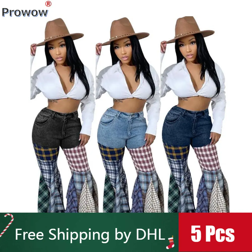 

5 шт., женские джинсы в клетку, в стиле пэчворк