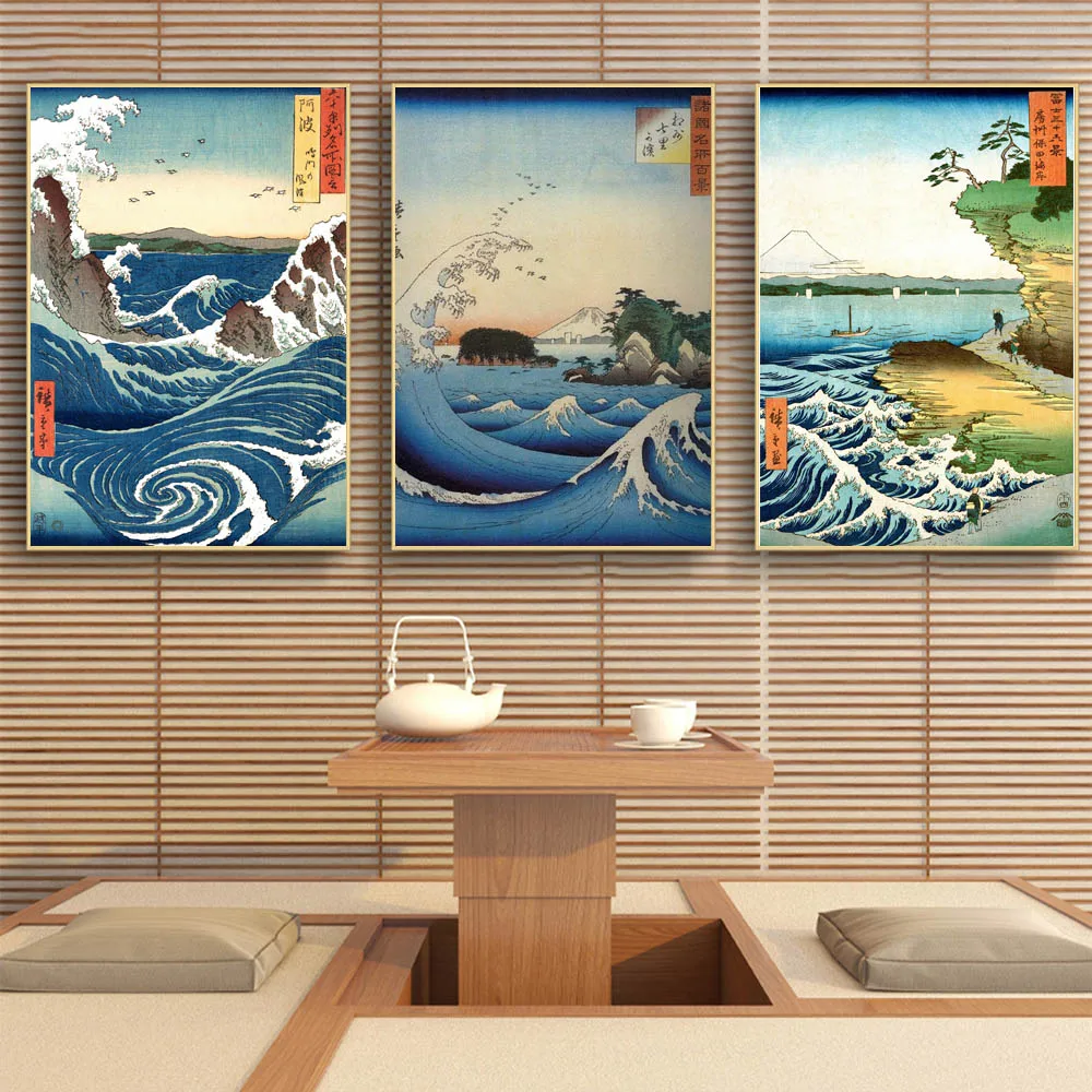 

Japanese style landscape canvas painting wall art wave carp fishing boat poster living room corridor home decoration mural