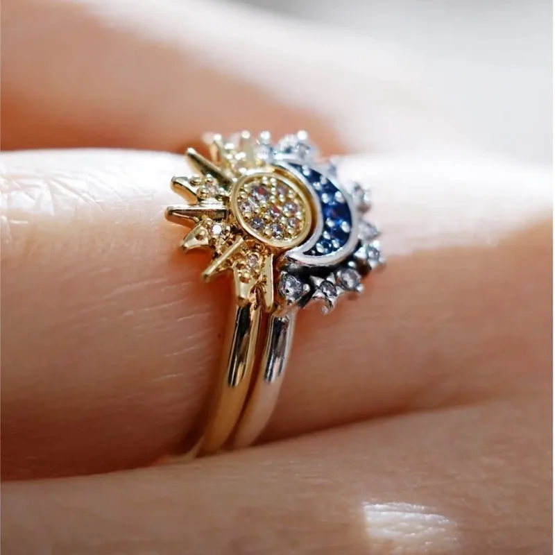 

New Adjustable Sun and Moon Overlapping Wear Ring for Women Girls 2023 Sparkling Couple Rings Set Finger Wedding Jewelry Gifts