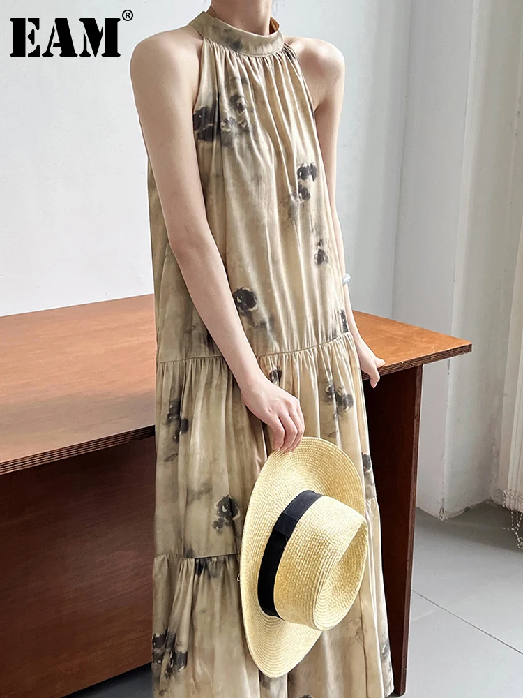 

[EAM] Women Apricot Tie Dye Printed Long Elegant Dress New Halter Sleeveless Loose Fit Fashion Tide Spring Summer 2023 1DF9432