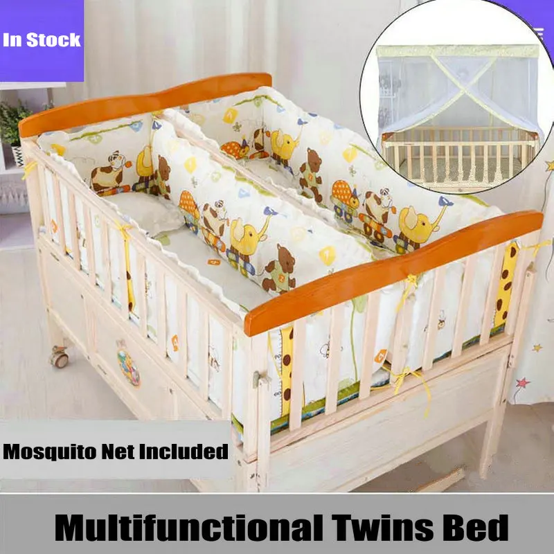 Wooden Twins Crib Can Combine with Adult Bed, All-In-One Cot for 2 Kids, Square Mosquito Net Inlcuded
