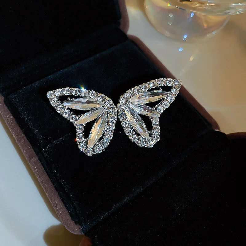 

Minar Fantasy Sparkly Rhinestones Wings Earring for Women Silver Color Copper Hollow Butterfly Dangle Earrings Bridal Jewelry