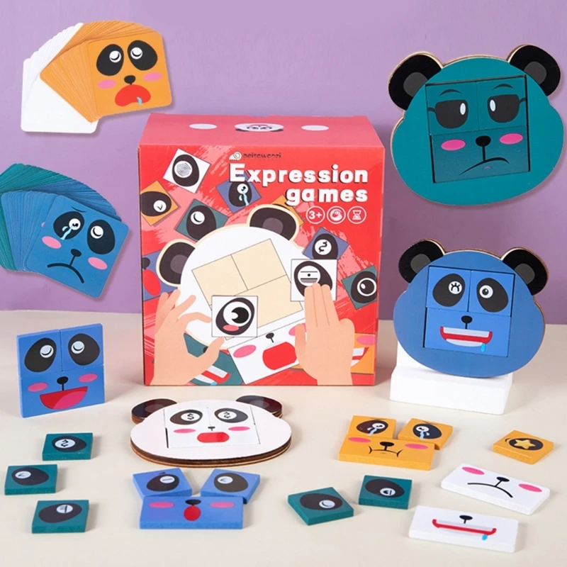 

Wooden Expression Matching Block Puzzles Face-Changing Cube Building Block Pandas Expression Puzzles Face Change Cube