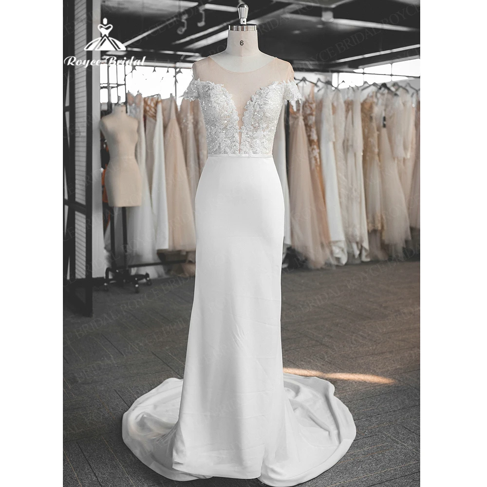 

Simple Boho Satin Wedding Dress Deep V Neck Lace Appliques Off The Shoulder 2023 Mermaid Nude Bridal Gowns Vestidos De Novia