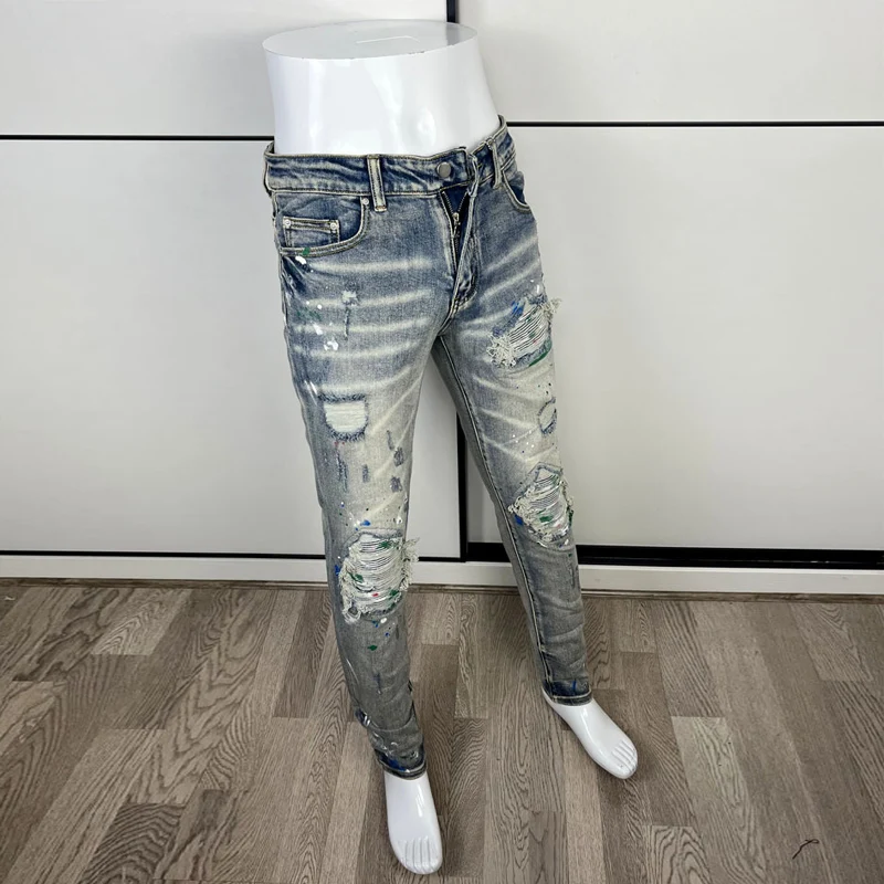 Street Fashion Men Jeans Retro Blue Elastic Slim Fit Painted Ripped Jeans Men Patched Designer Hip Hop Denim Brand Pants Hombre