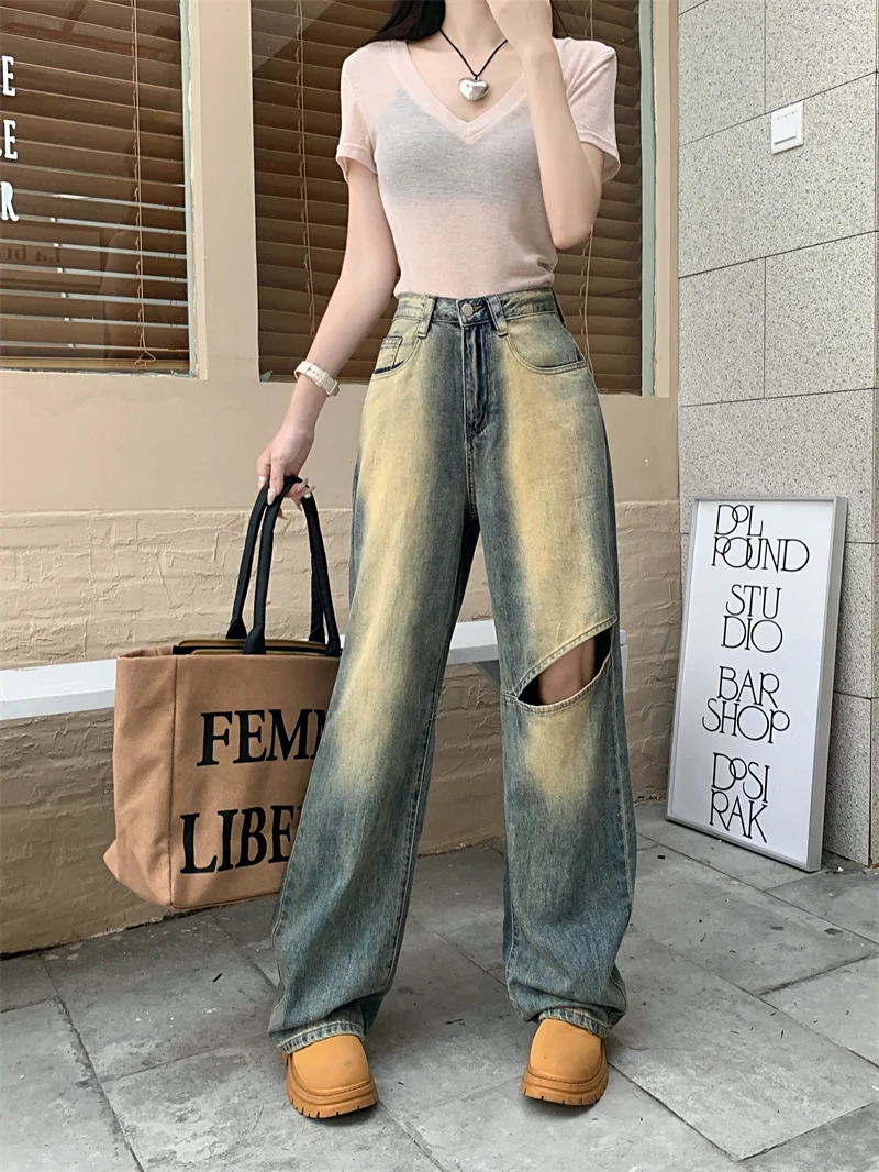 

Джинсы GGB4143 женские с перфорацией, длинные узкие брюки с высокой талией и широкими штанинами, винтажный цветной блочный дизайн, лето 2023