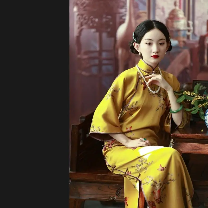 

Chinese Oriental Dress Yellow Silk Vintage Cheongsam Girls Qipao Evening Dresses Style Top Cheongsams Robe Traditional Dress