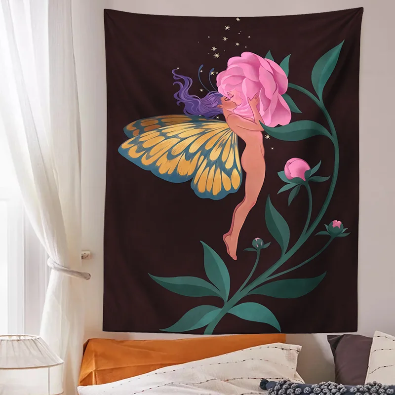 

Flora Girl Tapestry Wall Hanging Butterfly Fairy Forest Girl Bedroom Decor Black Wall Hanging Tapestry Room Decor Bohemian Home