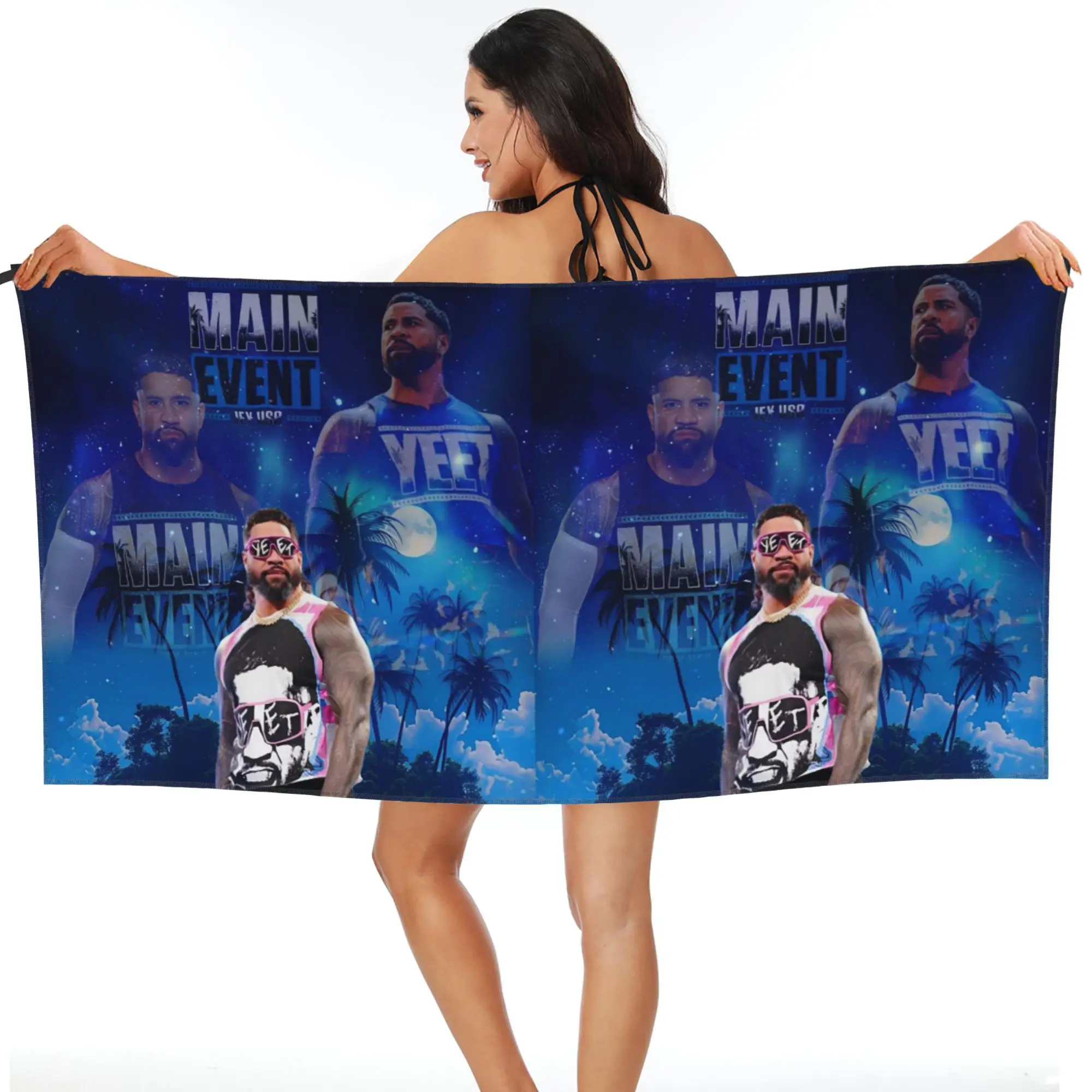 Фото Пляжное полотенце WWE Jey Uso Maint Event 2024 из мягкой микрофибры, быстросохнущее, впитывающее, для альпинизма №1