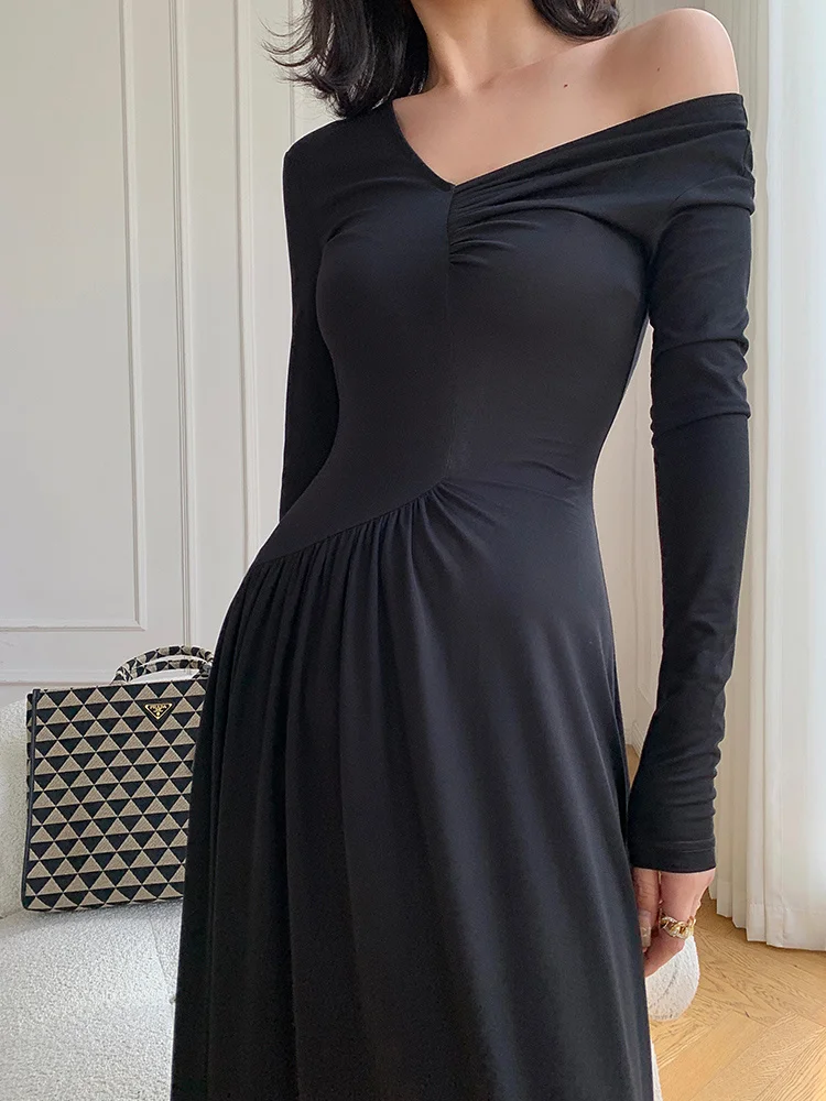 Black Temperament Off the Shoulder Long Sleeve Dress for Women 2023 Spring New Waist Slim Mid length Dress