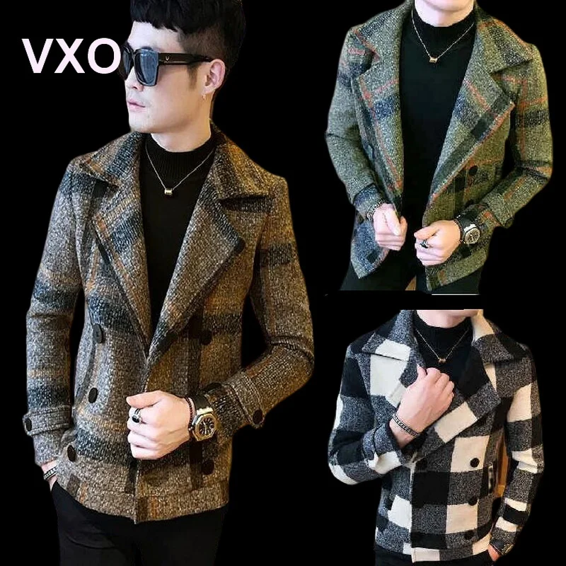 

VXO Men's windbreaker Autumn Winter Thickened Woolen Coat Slim Double-Breasted Woolen Jackets Plaid Woolen Cloth Coat