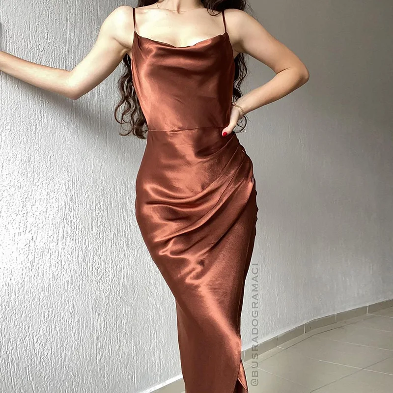 

Elegant Dresses For Women Fashion Temperament Light Familiar Style Long Satin Dress Female Sexy Slit Design Slim Suspender Skirt