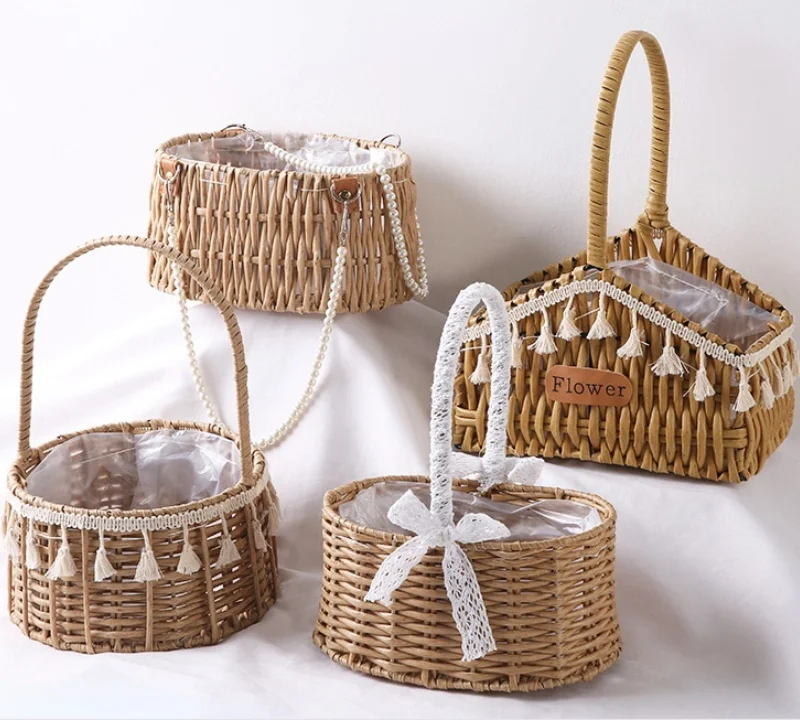 

Woven storage basket, bowknot, tassel, flower arrangement, portable gift decoration basket, creative wall hanging basket