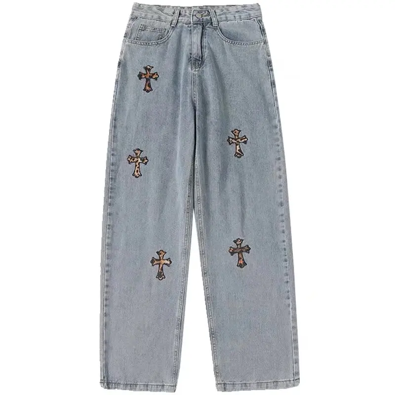 Korean Ins Japanese Street Dark Embroidery Straight Loose White Wide-leg Jeans Men and Women Trend Cargo Pants Women