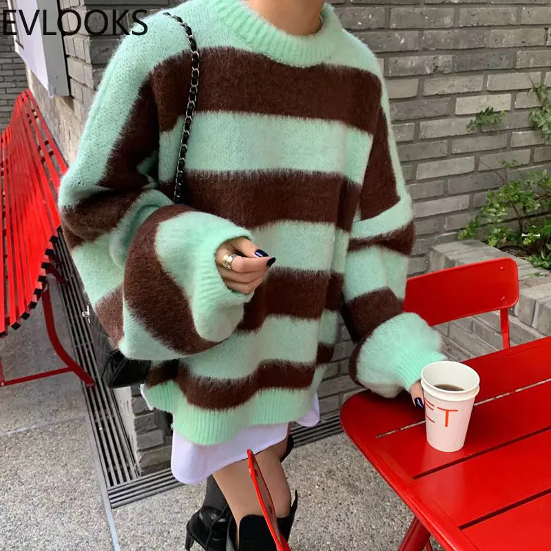 

EVLOOKS Women's Clothing Korean Stripe Knitting Sweater Round Neck Long Sleeves Vintage Casual Fashion Baggy Ladies Tops Autumn