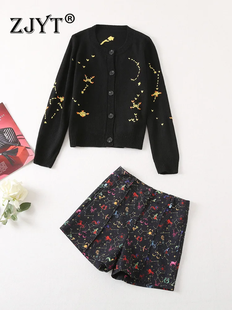 ZJYT Runway Designer Embroidery Sweater Shorts Suit 2 Piece Matching Set Women Outfits Party Vintage Autumn Winter Clothes 2022