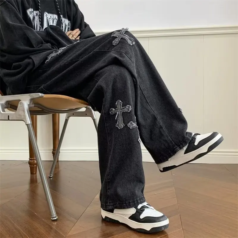 Men Streetwear Baggy Jeans Cross Hip Hop Mens Black Loose Pants Women Oversized Boyfriend Denim