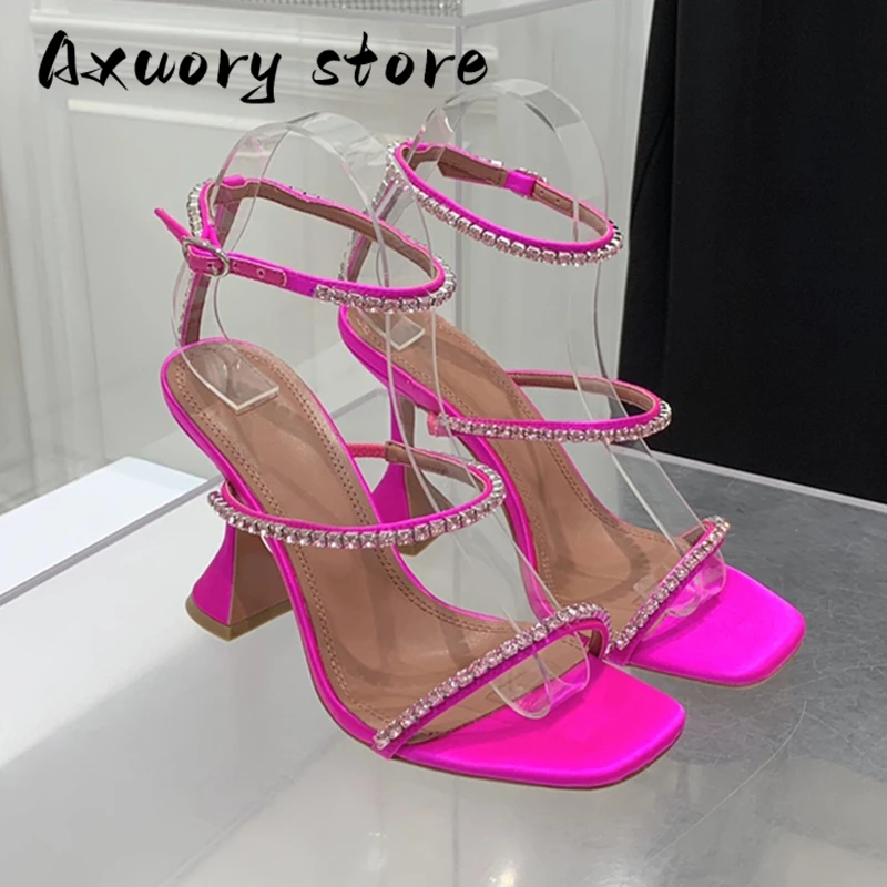 New Open Toe High Heels Women Women's Sandals with One Strap New Fairy Fashion All-Match Square Toe Rhinestone