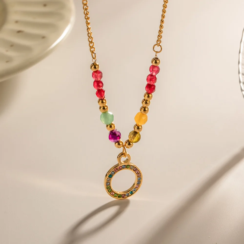 

Bohemian Inlaid Colored Zircon Geometry Pendant Stainless Steel Necklace for Women Classic Stylish Charm Jewelry Gift