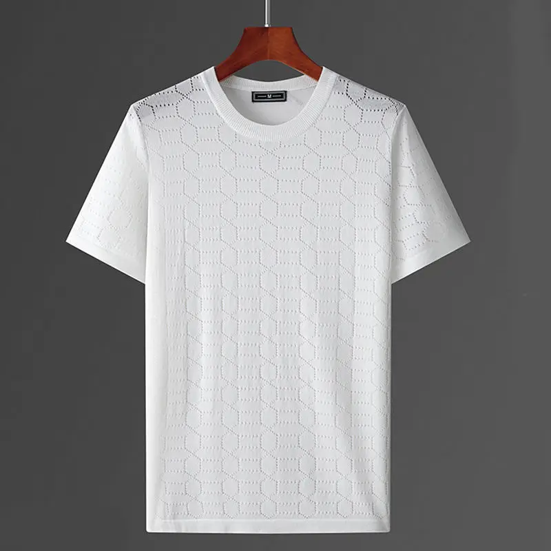 

2022 Summer New Mens Clothing Pure Round Collar Short-Sleeve Top Tees Shirts Male Casual Fashion Hollow Ice Silk T-shirts L139