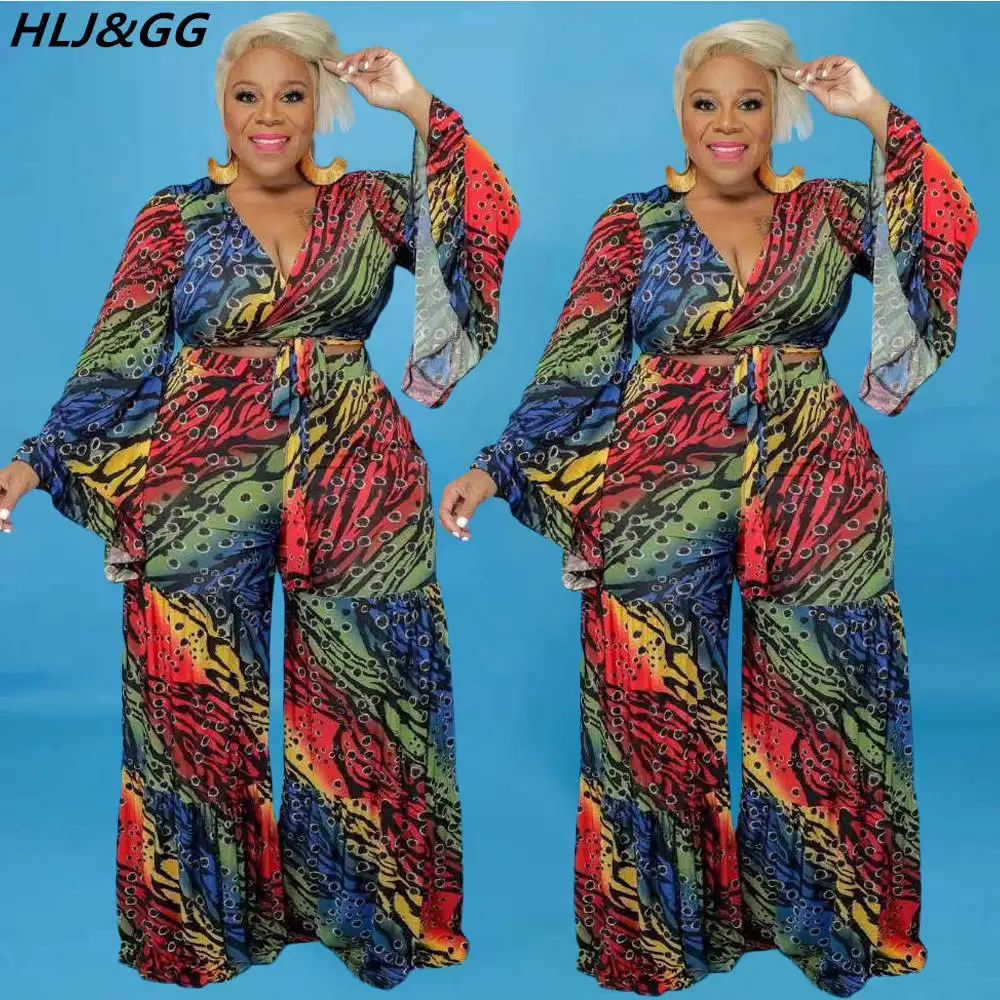 HLJ&GG Plus Size Retro Print Two Piece Sets Women V Neck Long Sleeve Crop Top + Wide Leg Pants Outfits XL-5XL Casual 2pcs Suits
