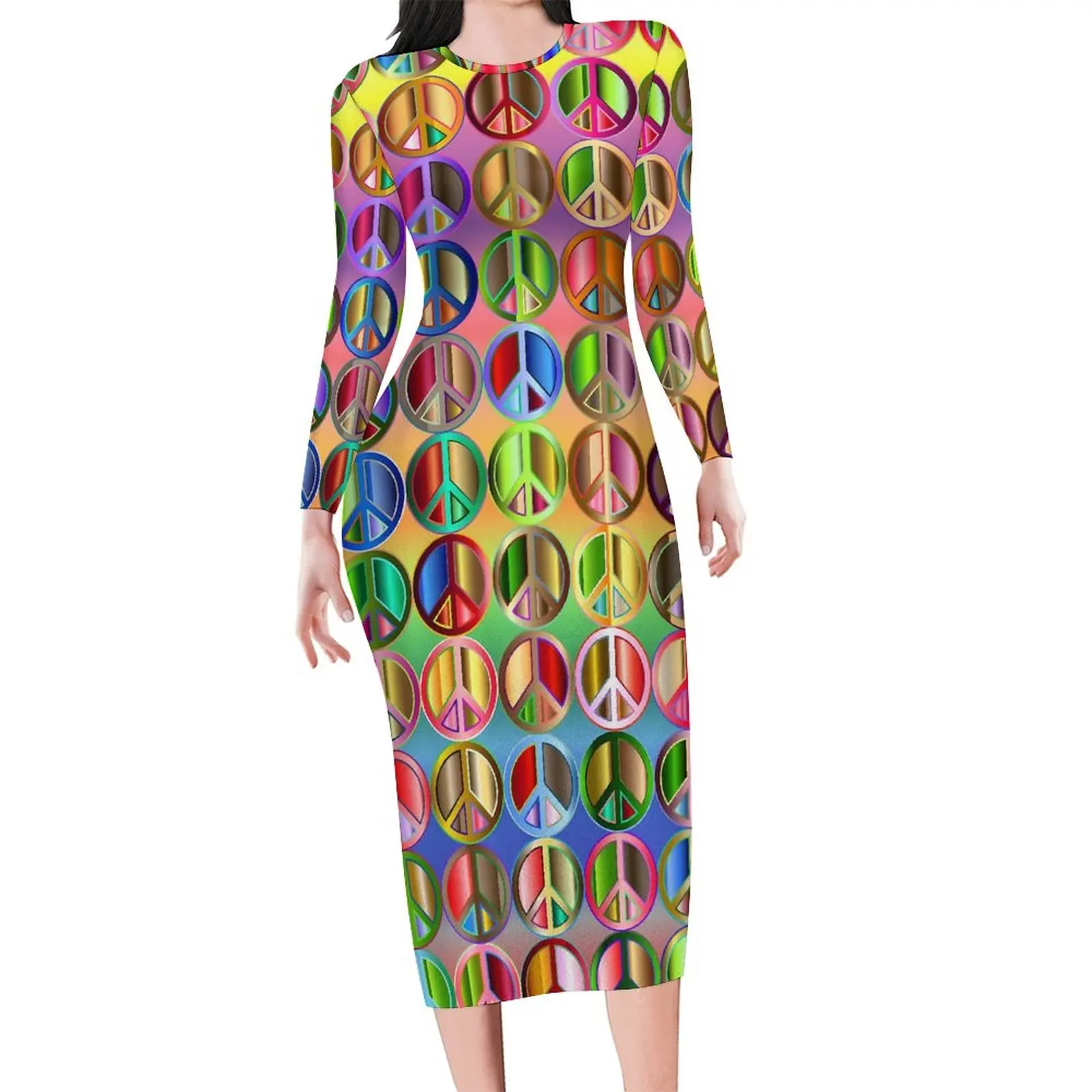 

Neon Peace Sign Bodycon Dress Holiday Colorful Print Night Club Dresses Female Long Sleeve Korean Fashion Dress Big Size 4XL 5XL