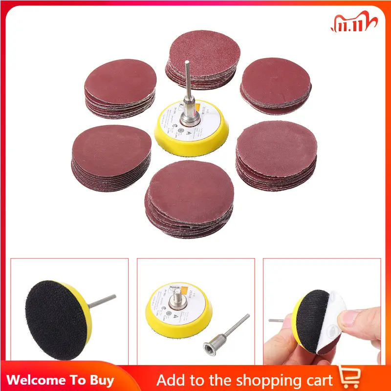 

60Pcs 50mm Sanding Disc Sandpaper 100/240/600/800/1000/2000 Grit + 2" Sanding Disc Pad + 3mm Shank For Polishing Cleaning
