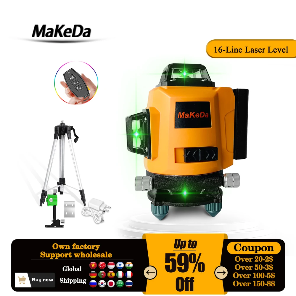 Nivel Laser Tools MaKeDa-Nivel Láser, herramienta de nivelación 3D/4D de 12/16 líneas,...