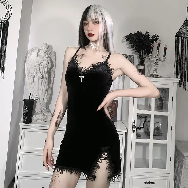 

Gothic Dress Dark Cross Black Mini Dress Vintage Sexy Spaghetti Strap High Waist Slit Party Club Women Long Sleeve Goth dress