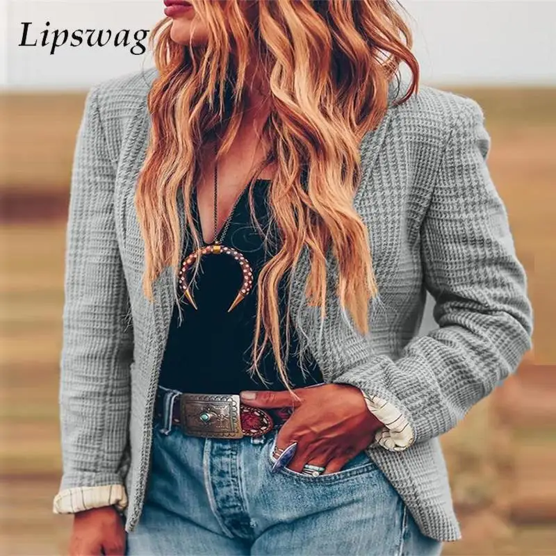 

2022 Autumn Houndstooth Women Blazer Office Lady Lapel Long Sleeve Cardigan Coat Vintage Long Sleeve Solid Short Blazer Outweart