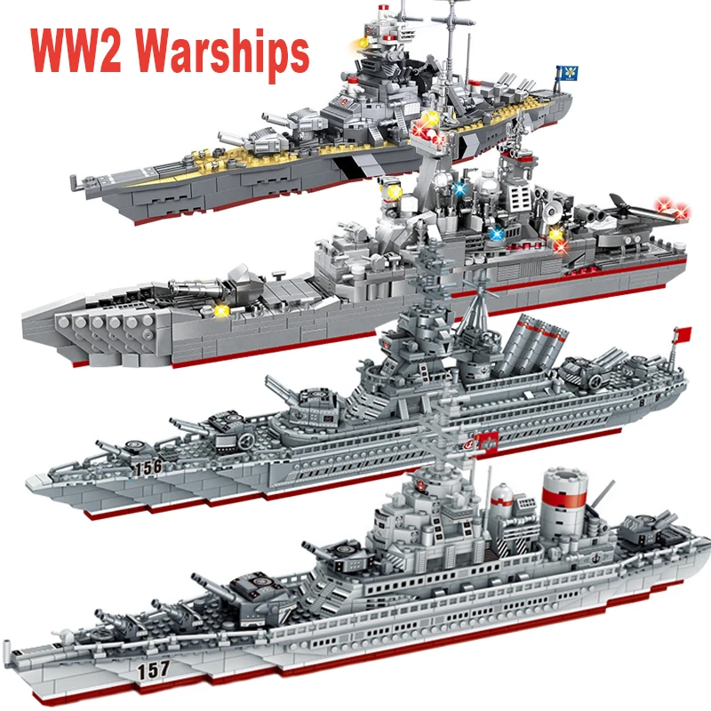 WW2 Military Warships Series Building Blocks Battleship Bismarck Retro Model Kit WW1 Soldier Weapon Boat Bricks Toys For Kids