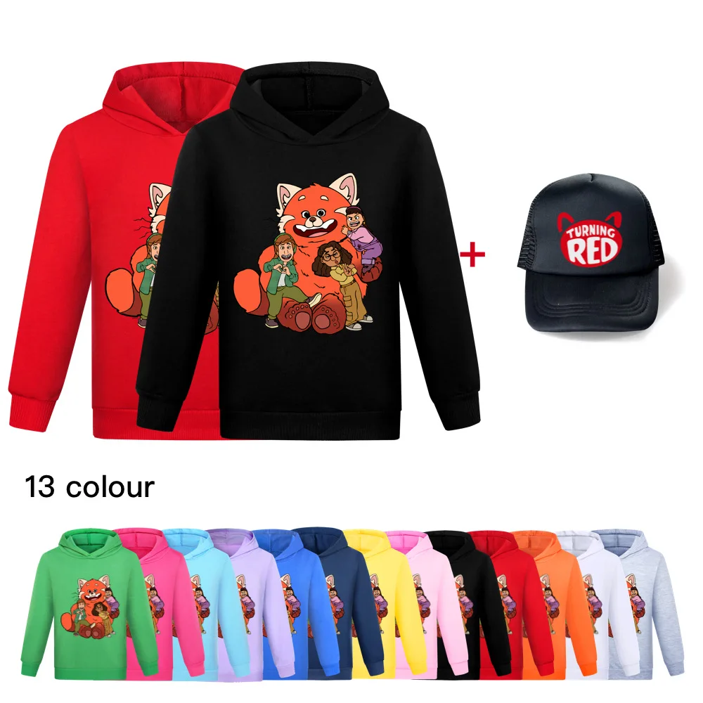 

2022 New Disney Kids Hooded Pocket Sweatshirt Turning Red Girls Cotton Clothes Casual Jumpers Hip Hop Boys Pattern + Hat