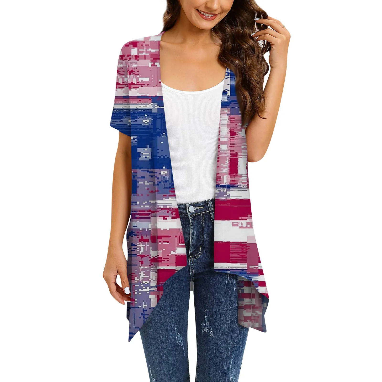 

Футболка женская оверсайз, кардиган с коротким рукавом и принтом на День Независимости, Повседневная драпировка, свитшот с открытым узором