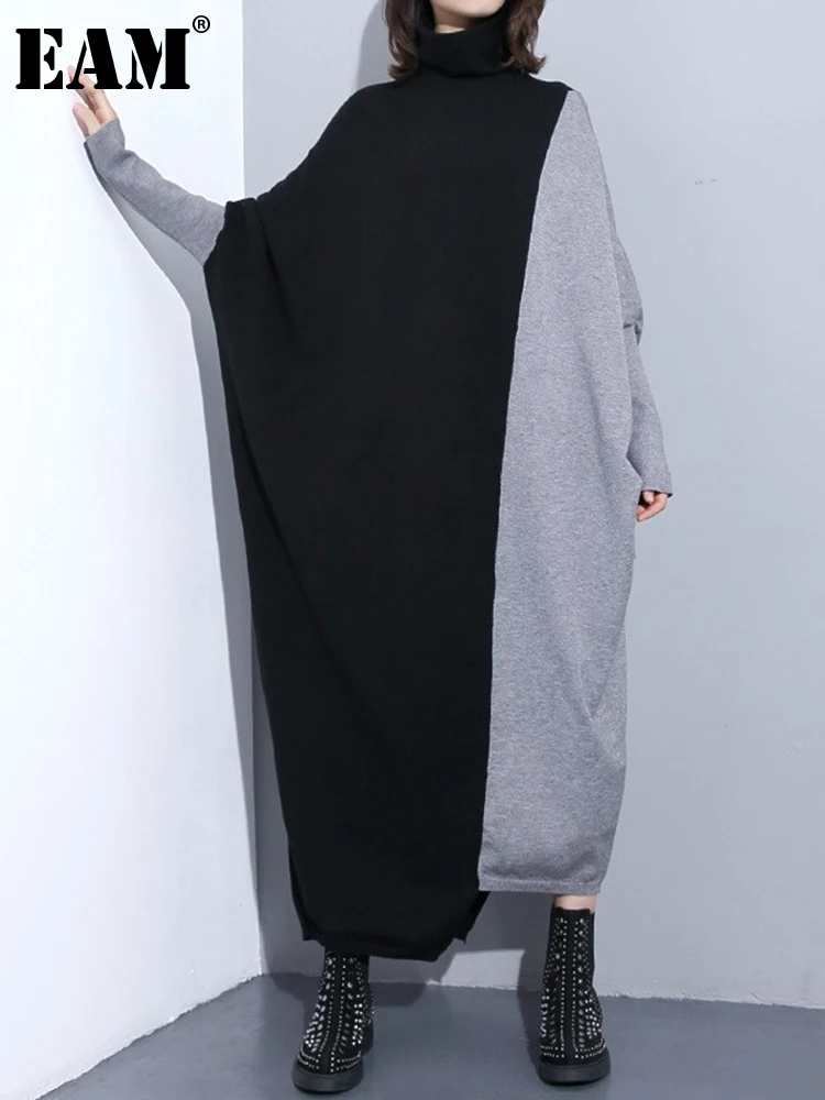 

[EAM] Women Color-block Knitting Big Size Long Dress New Turtleneck Long Sleeve Loose Fit Fashion Spring Autumn 2023 1DF1704