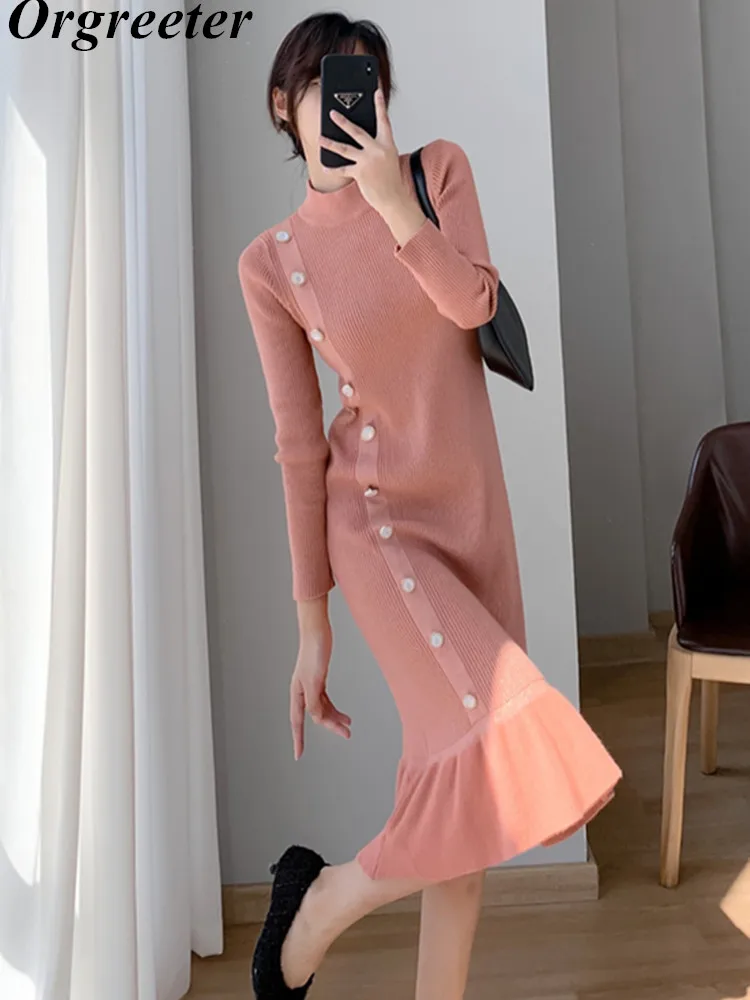

Женское трикотажное платье-свитер до колена, Элегантное однобортное платье-свитер с высоким воротником, подходящее ко всему