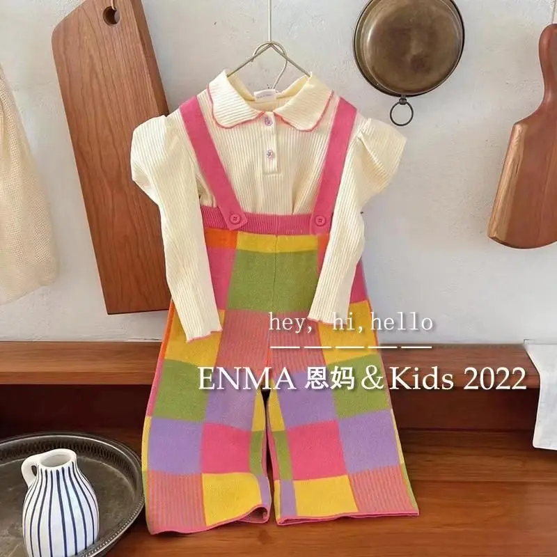 

2023 Spring New Light Luxury Fashion Korean Kids Clothing Shirt Knitting Contrast Color Overalls Shirt Suit Boutique Clothing