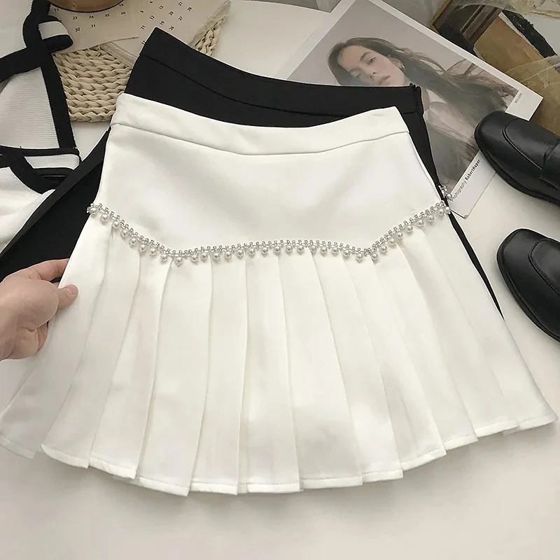 

NONSAR Pleated High Waist Diamond-encrusted A- Line Skirt Women's Sweet Versatile Skirt