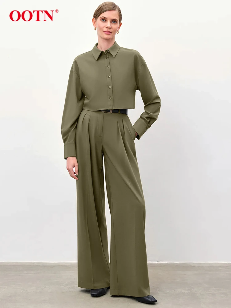 

OOTN Office Single Breasted Tops Suits 2023 Twill Turn Down Collar Shirts Straight Pants Two Piece Sets Women Autumn Outfits